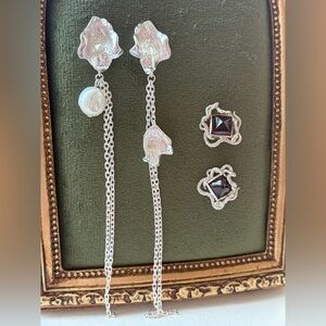 Sterling Silver Asymmetric Drop Earrings with Pearl – A/B Style